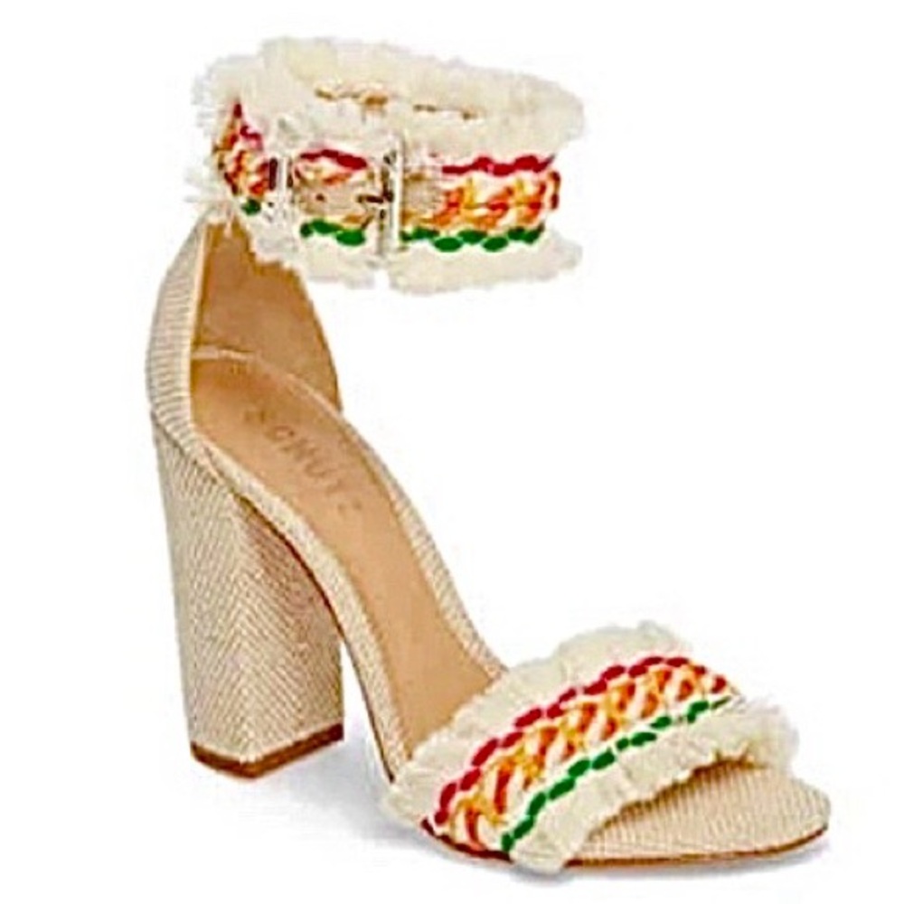 SCHUTZ Women's Cream ZOOLA Heel Sandals Multicolor Fringe Accents Shoes 8.5